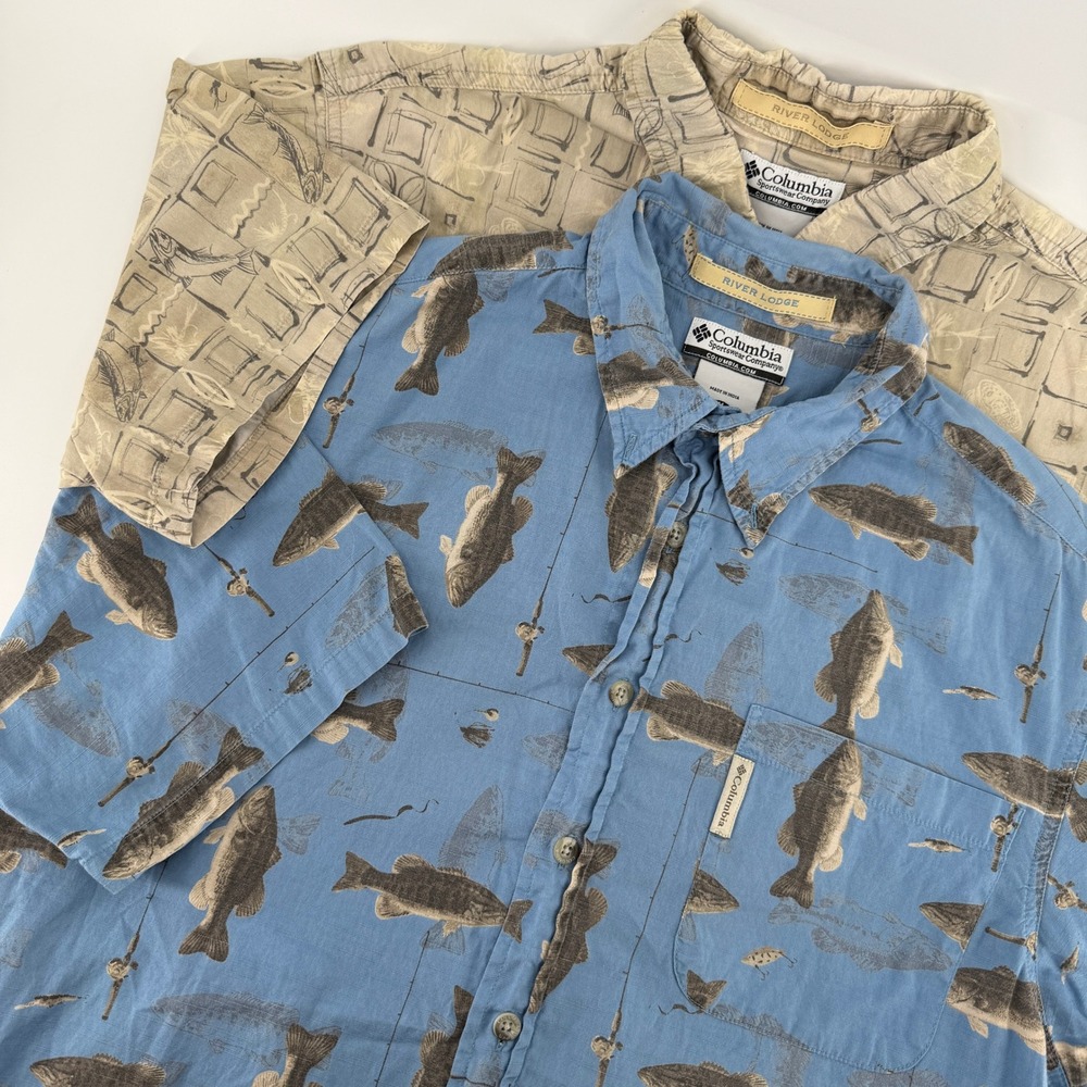 Columbia River Lodge Shirt Mens Medium Blue Bass Tan Fish Fishing Print 2 Pack